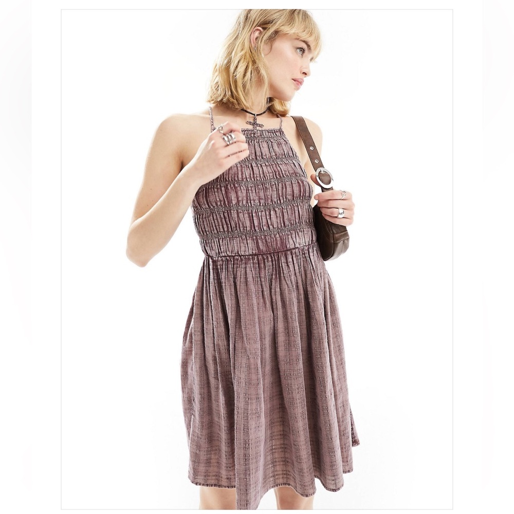 🤠 Collusion Western Shirred Halter Mini Dress in Washed Pink 🤠
